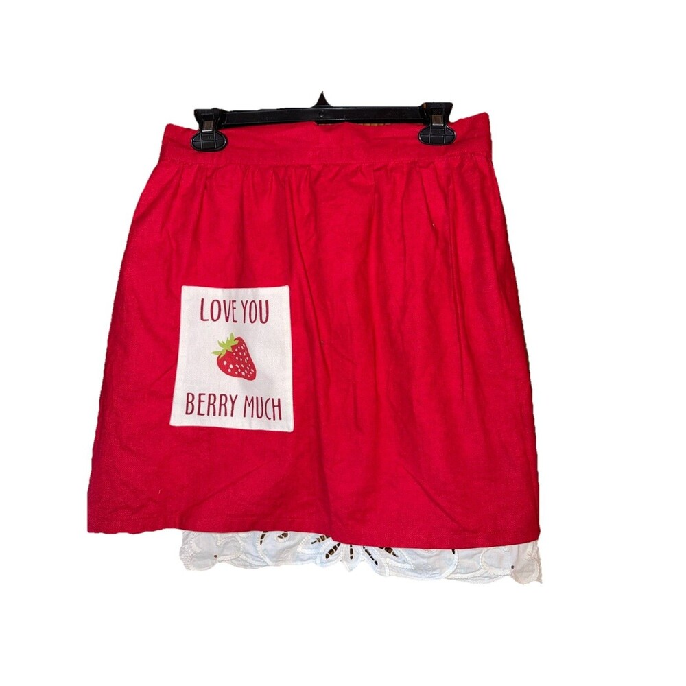 Red Half Apron  W Pocket White Lace Trim Love You Berry Much Strawberry